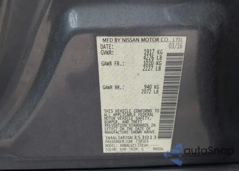 2016 Nissan Altima 2.5/2.5 S/2.5 Sl/2.5 Sr/2.5 Sv from USA, damaged, VIN 1N4AL3AP2GN353013